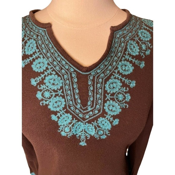 CYNTHIA ROWLEY Boho Chic Sweater Pullover Embroidered Medium Brown Turquoise - Picture 3 of 7